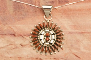 Zuni Indian Jewelry Genuine Red Coral Sterling Silver Pendant